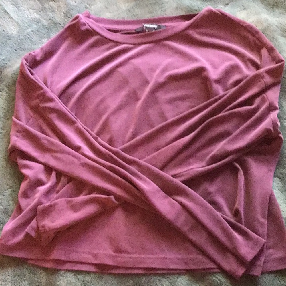 long sleeve dark purple shirt, kind of cropped